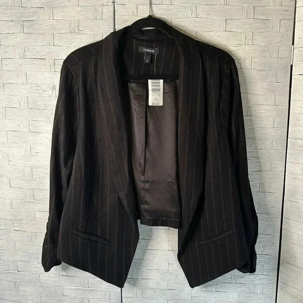 Torrid Womens Black Stripe Twill Cutaway Blazer waterfall blazer rusted sleeves